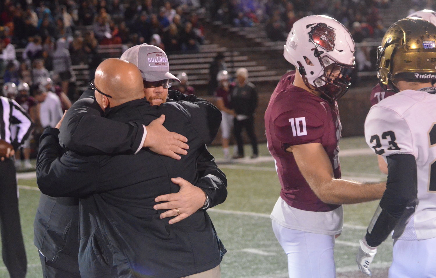 LCR photo/Alex Boyer
Rolla head coach Jon Franks and Lebanon head coach Will Christian exchange a hug before Friday's game.